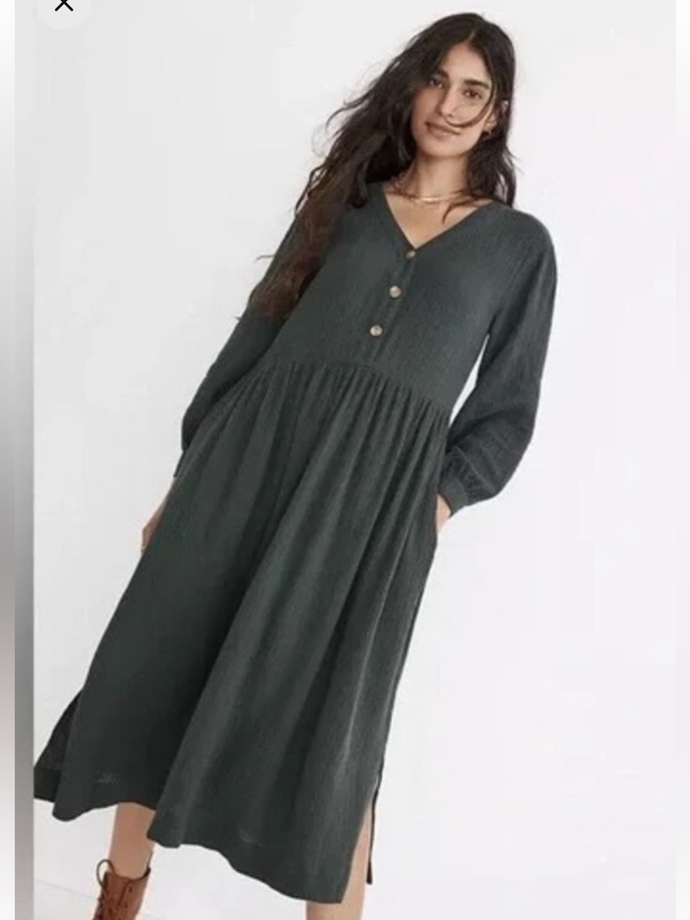 Madewell Dark Green Cotton V-Neck Midi Dress